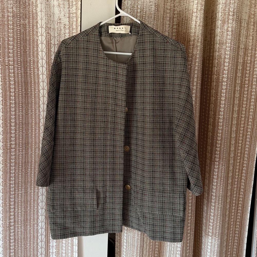 Boxy Marni wool jacket in unusual check of red, black and gray.